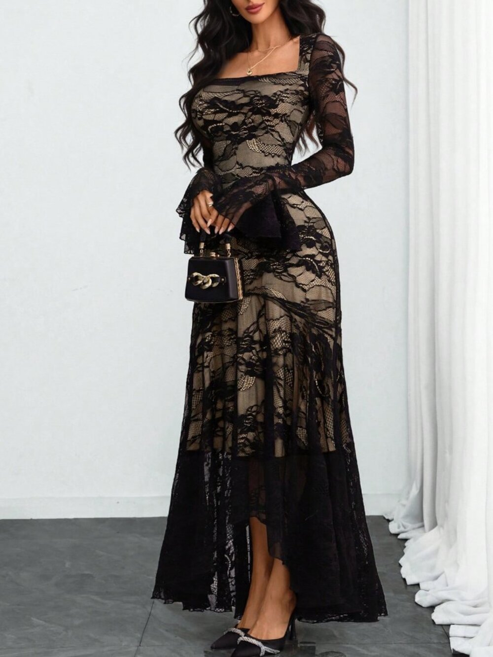 Black Elegant Women's Sexy Square Neck Lace Ruffle Sleeve Maxi Dress - Picture 5 of 5